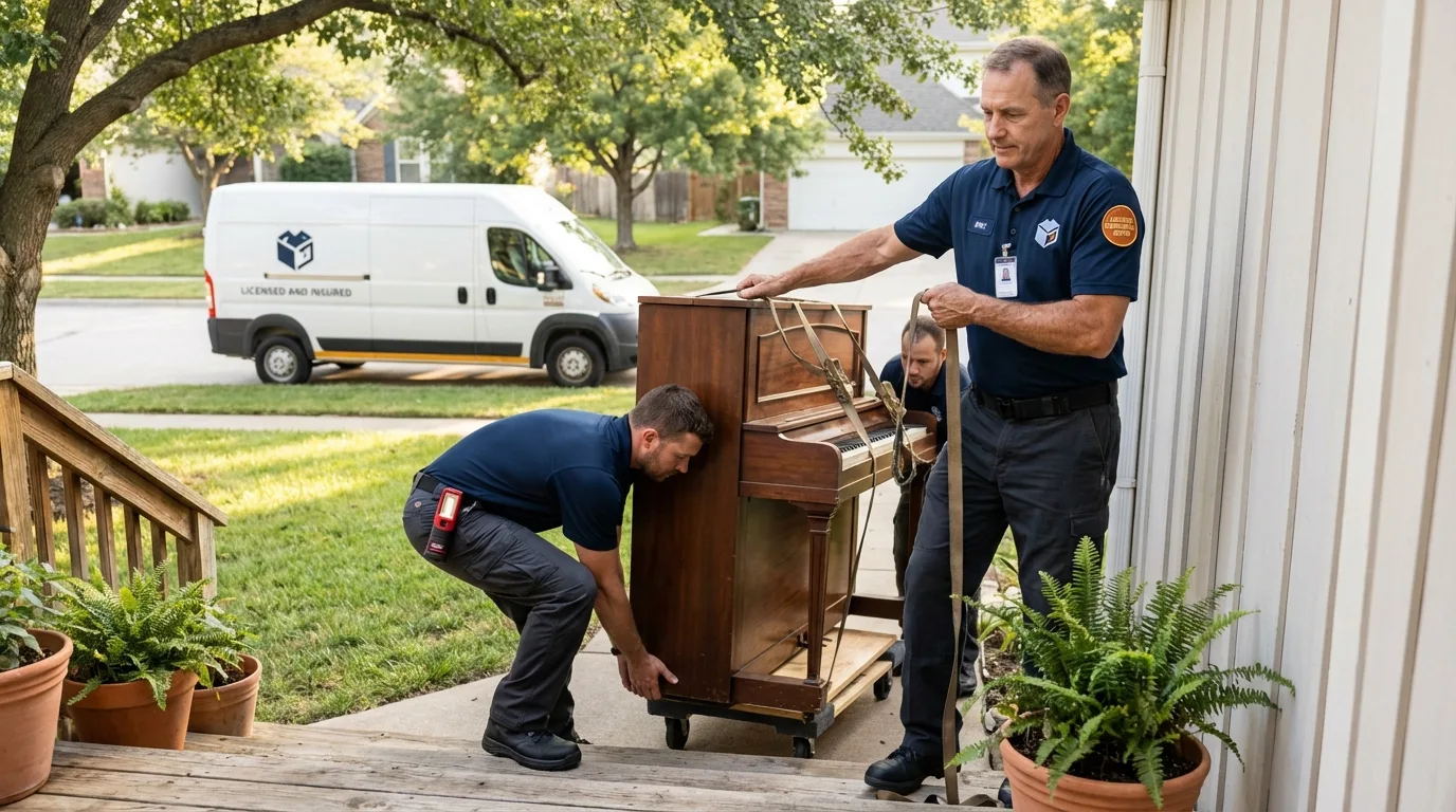 Licensed piano movers securing grand piano in Bethel, CT