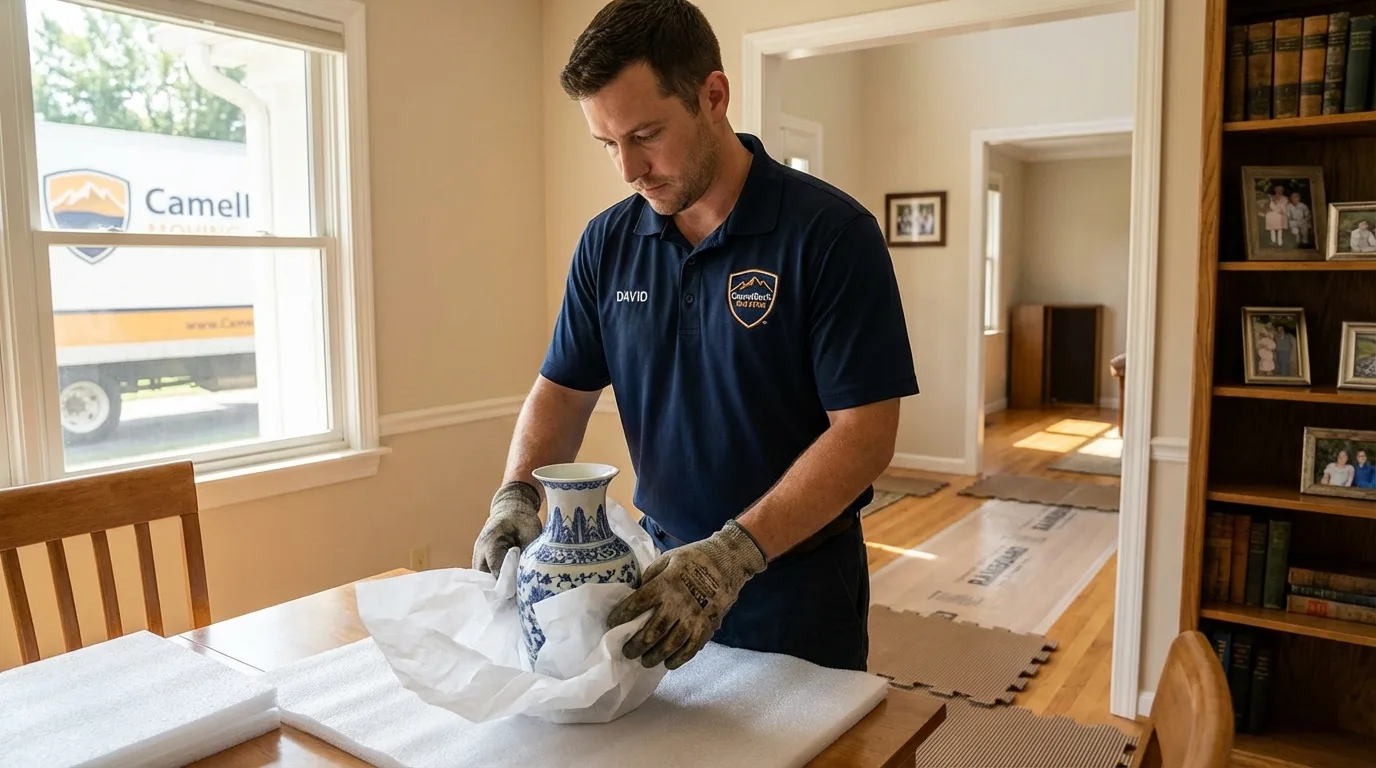 Professional crew carefully wrapping antique vase for senior downsizing move in Bethel, CT